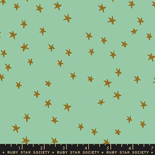 Image of the Starry New Blender Stars Moss quilting cotton fabric by Ruby Star Society for Moda Fabrics. Features small stars on a green background. Cute Little Fabric Shop