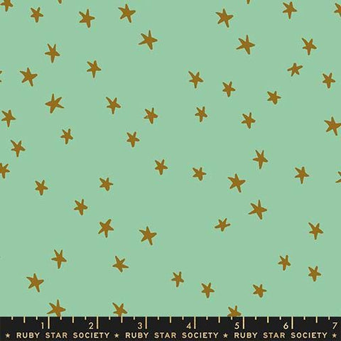 Image of the Starry New Blender Stars Moss quilting cotton fabric by Ruby Star Society for Moda Fabrics. Features small stars on a green background. Cute Little Fabric Shop