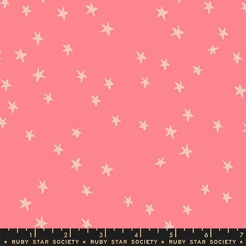 Image of the Starry New Blender Stars Watermelon quilting cotton fabric by Ruby Star Society for Moda Fabrics. Features small stars on a coral background. Cute Little Fabric Shop