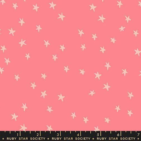 Image of the Starry New Blender Stars Watermelon quilting cotton fabric by Ruby Star Society for Moda Fabrics. Features small stars on a coral background. Cute Little Fabric Shop