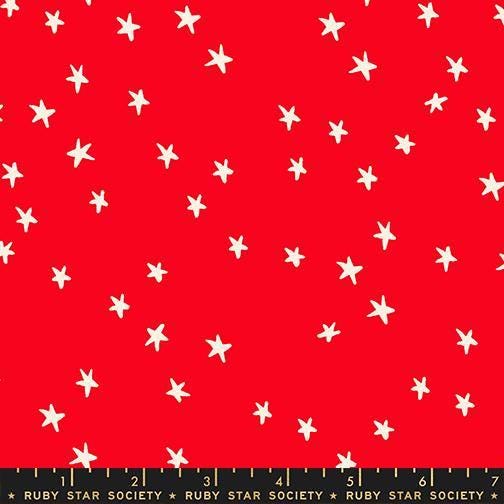 Image of the Starry New Blender Stars Ladybug quilting cotton fabric by Ruby Star Society for Moda Fabrics. Features small stars on a red background. Cute Little Fabric Shop