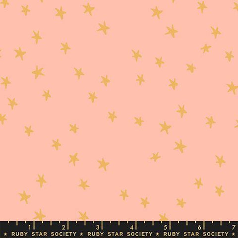 Image of the Starry New Blender Stars Peach quilting cotton fabric by Ruby Star Society for Moda Fabrics. Features small stars on a coral background. Cute Little Fabric Shop