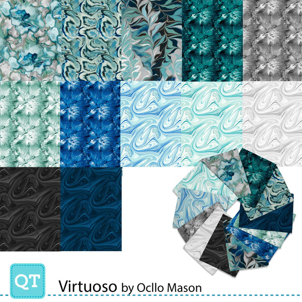 Virtuoso Fat Quarter Bundle 12 pieces - QT Fabrics - Pre cut Precut - Ocean Paint Marble Abstract - Quilting Cotton Fabric