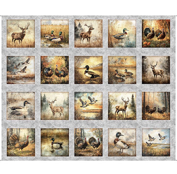 Forest, Field & Stream Wildlife Picture Patches Panel 31406 Gray K - - QT Fabrics -Hunting Outdoors Wildlife - Quilting Cotton Fabric