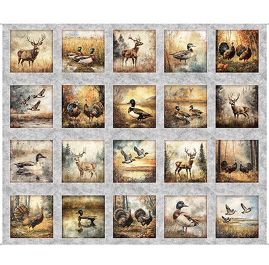 Forest, Field & Stream Wildlife Picture Patches Panel 31406 Gray K - - QT Fabrics -Hunting Outdoors Wildlife - Quilting Cotton Fabric