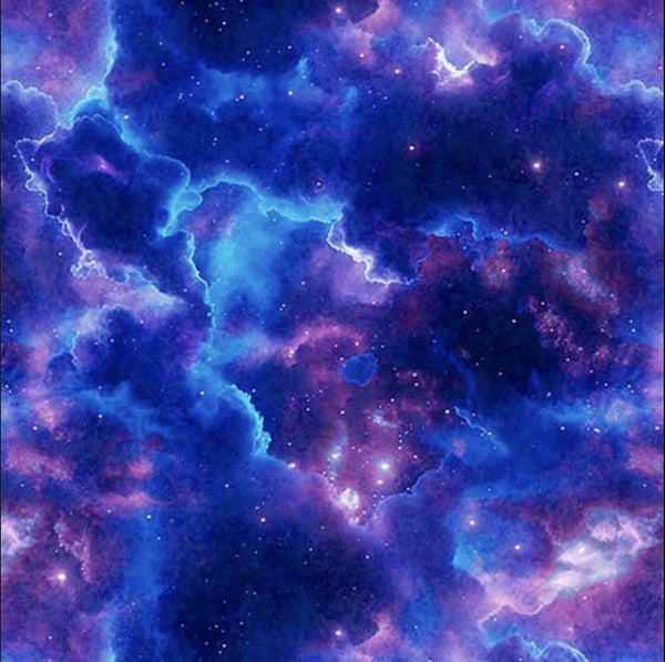 Image of the Earthly Delights Night Sky Navy Blue quilting cotton fabric by Dan Morris for QT Fabrics. Features clouds on a blue background. Cute Little Fabric Shop