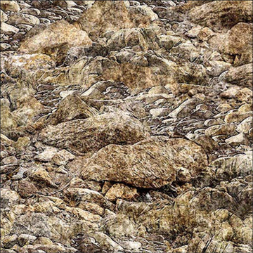 Image of the Earthly Delights Rocky Landscape Brown quilting cotton fabric by Dan Morris for QT Fabrics. Features rocks on a brown background. Cute Little Fabric Shop