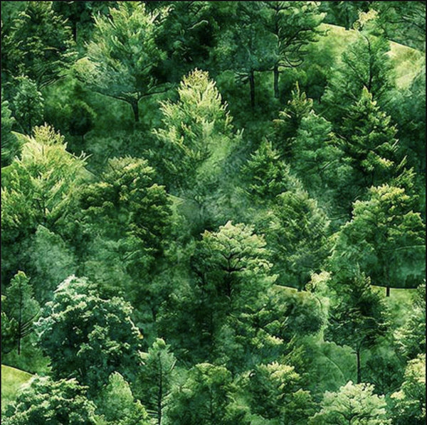 Image of the Earthly Delights Forest Hills Green quilting cotton fabric by Dan Morris for QT Fabrics. Features trees on a green background. Cute Little Fabric Shop