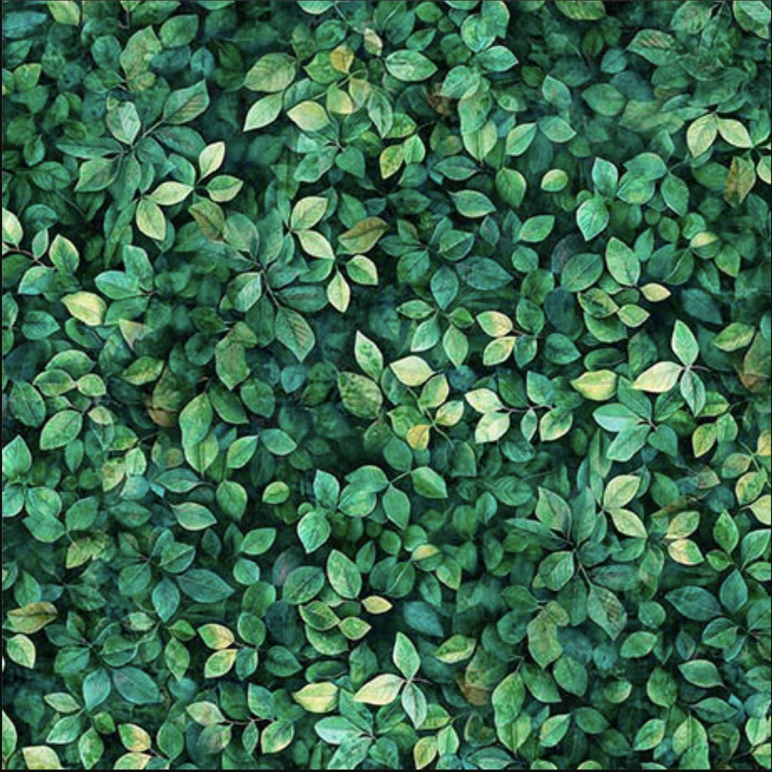 Image of the Earthly Delights Small Leaves Jade quilting cotton fabric by Dan Morris for QT Fabrics. Features leaves on a green background. Cute Little Fabric Shop