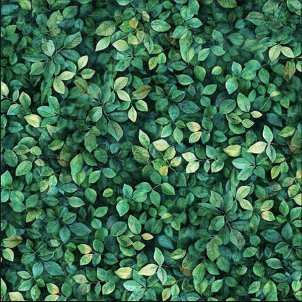 Image of the Earthly Delights Small Leaves Jade quilting cotton fabric by Dan Morris for QT Fabrics. Features leaves on a green background. Cute Little Fabric Shop
