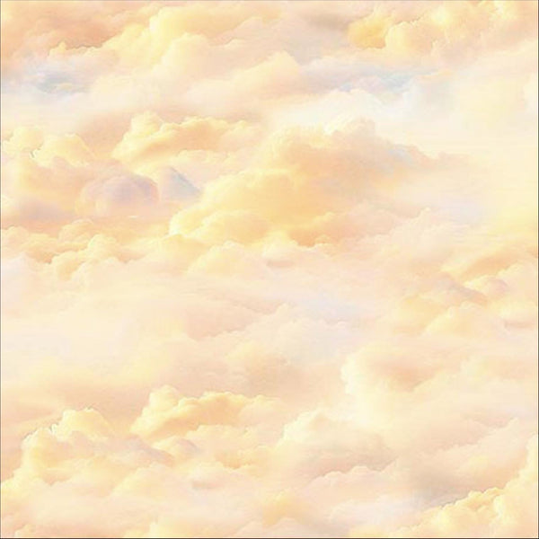 Image of the Earthly Delights Sunrise Yellow quilting cotton fabric by Dan Morris for QT Fabrics. Features clouds on a yellow background. Cute Little Fabric Shop