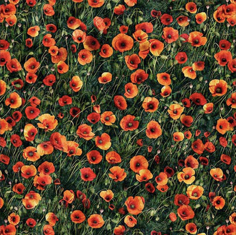 Image of the Earthly Delights Poppies Red quilting cotton fabric by Dan Morris for QT Fabrics. Features flowers on a green background. Cute Little Fabric Shop