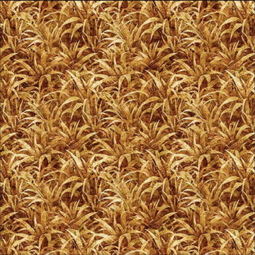 Image of the Earthly Delights Tall Grass Cinnamon quilting cotton fabric by Dan Morris for QT Fabrics. Features grass on a yellow background. Cute Little Fabric Shop