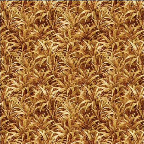 Image of the Earthly Delights Tall Grass Cinnamon quilting cotton fabric by Dan Morris for QT Fabrics. Features grass on a yellow background. Cute Little Fabric Shop