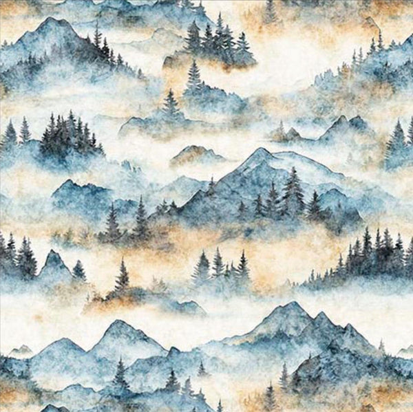 Image of the Earthly Delights Snowy Mountains White Blue quilting cotton fabric by Dan Morris for QT Fabrics. Features mountains on a white background. Cute Little Fabric Shop