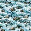 Image of the Earthly Delights Whitewater Rocks Turquoise quilting cotton fabric by Dan Morris for QT Fabrics. Features water on a blue background. Cute Little Fabric Shop