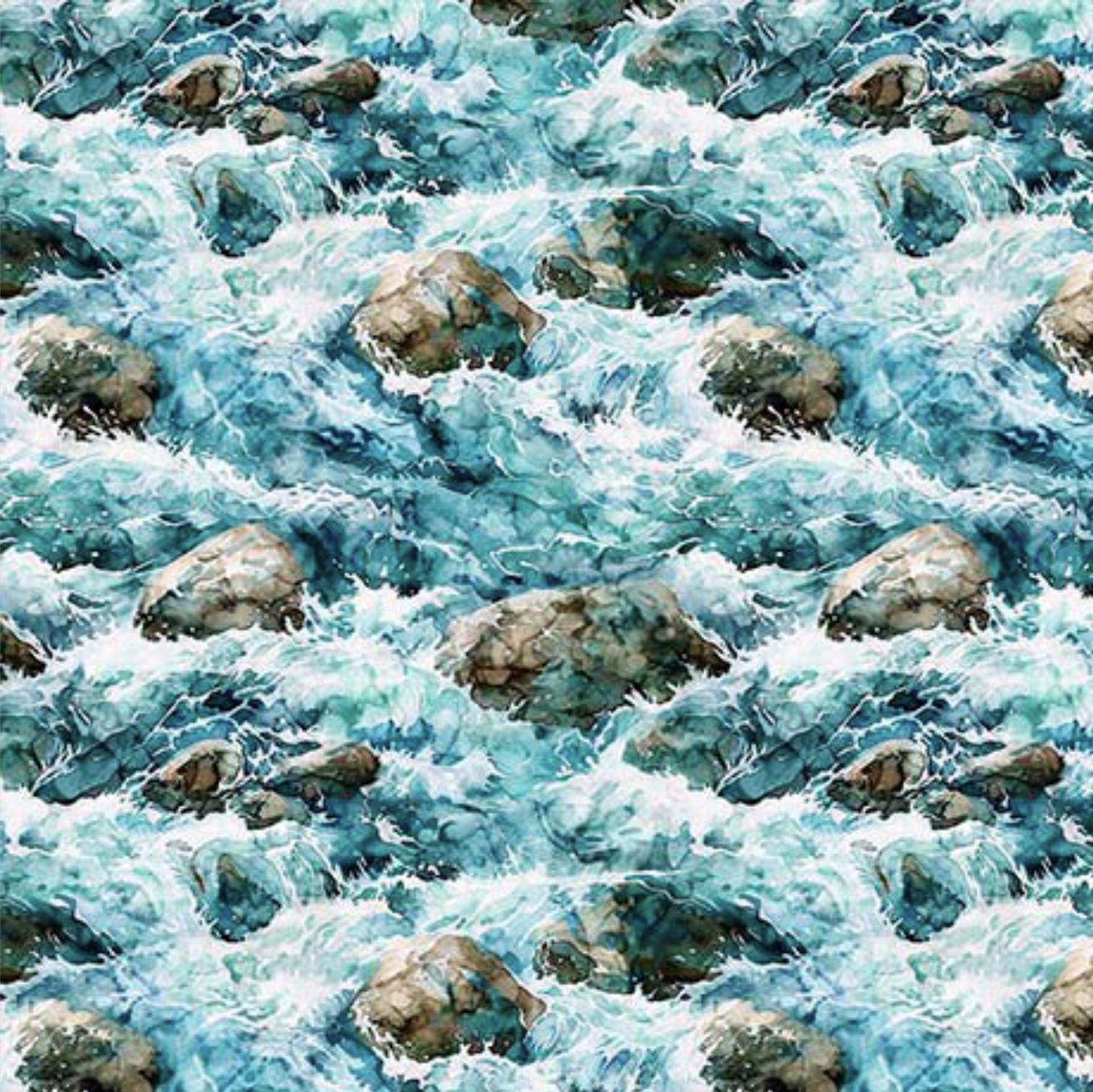 Image of the Earthly Delights Whitewater Rocks Turquoise quilting cotton fabric by Dan Morris for QT Fabrics. Features water on a blue background. Cute Little Fabric Shop