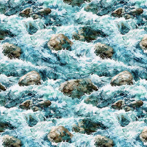 Image of the Earthly Delights Whitewater Rocks Turquoise quilting cotton fabric by Dan Morris for QT Fabrics. Features water on a blue background. Cute Little Fabric Shop