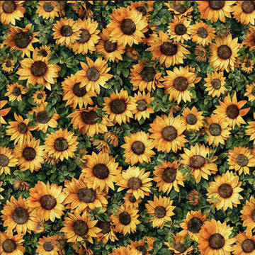Image of the Earthly Delights Sunflowers Sunflower quilting cotton fabric by Dan Morris for QT Fabrics. Features flowers on a green background. Cute Little Fabric Shop