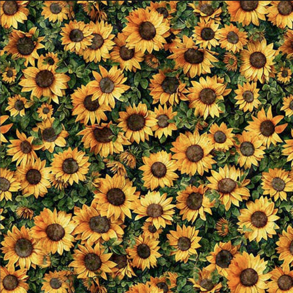 Image of the Earthly Delights Sunflowers Sunflower quilting cotton fabric by Dan Morris for QT Fabrics. Features flowers on a green background. Cute Little Fabric Shop