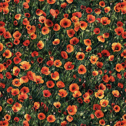Image of the Earthly Delights Poppies Red quilting cotton fabric by Dan Morris for QT Fabrics. Features flowers on a green background. Cute Little Fabric Shop