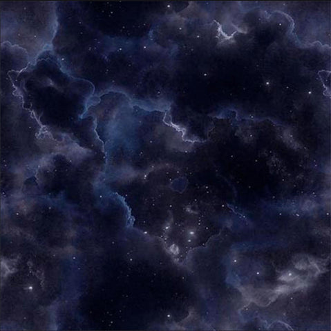 Image of the Earthly Delights Midnight Sky Midnight quilting cotton fabric by Dan Morris for QT Fabrics. Features clouds on a navy background. Cute Little Fabric Shop