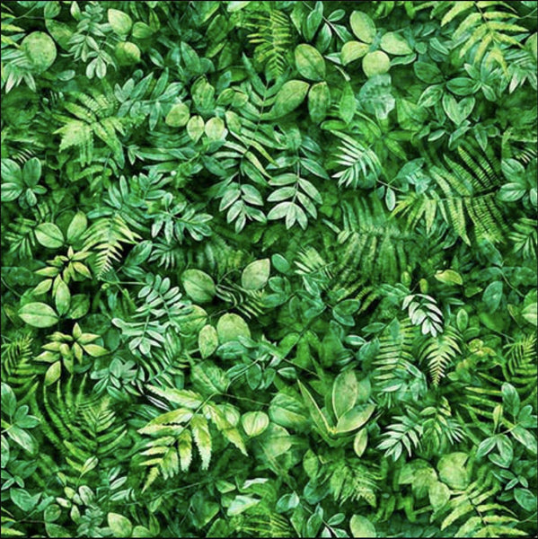 Image of the Earthly Delights Mixed Foliage Green quilting cotton fabric by Dan Morris for QT Fabrics. Features leaves on a green background. Cute Little Fabric Shop