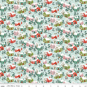 Image of Festive Greetings Festive Village quilting cotton fabric by Liberty Fabrics for Riley Blake Designs. Features houses on a blue background. Cute Little Fabric Shop