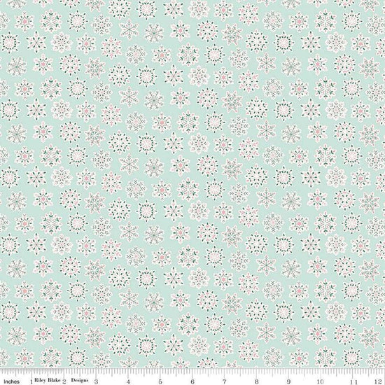 Image of Festive Greetings Snow Season quilting cotton fabric by Liberty Fabrics for Riley Blake Designs. Features snowflakes on a blue background. Cute Little Fabric Shop