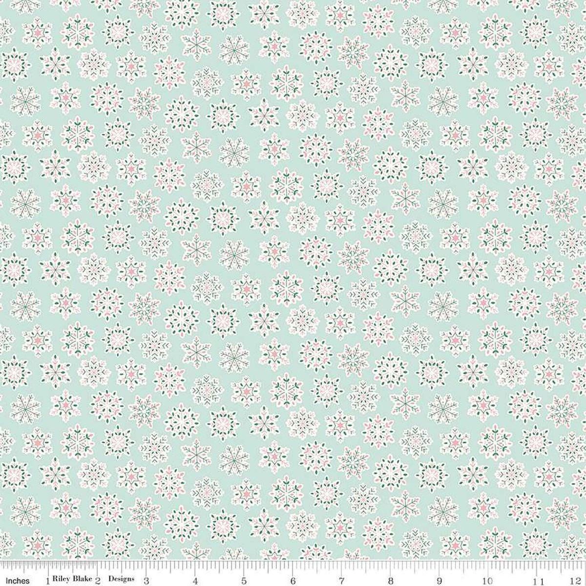 Image of Festive Greetings Snow Season quilting cotton fabric by Liberty Fabrics for Riley Blake Designs. Features snowflakes on a blue background. Cute Little Fabric Shop
