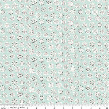 Image of Festive Greetings Snow Season quilting cotton fabric by Liberty Fabrics for Riley Blake Designs. Features snowflakes on a blue background. Cute Little Fabric Shop