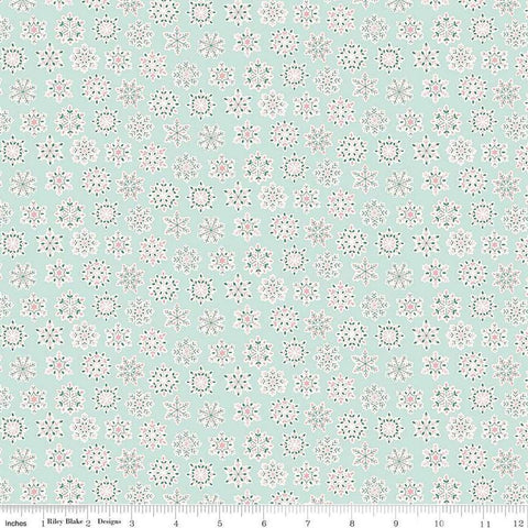 Image of Festive Greetings Snow Season quilting cotton fabric by Liberty Fabrics for Riley Blake Designs. Features snowflakes on a blue background. Cute Little Fabric Shop