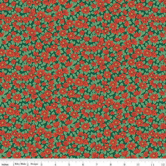 Image of Festive Greetings Peaceful Poinsettias quilting cotton fabric by Liberty Fabrics for Riley Blake Designs. Features flowers on a green background. Cute Little Fabric Shop