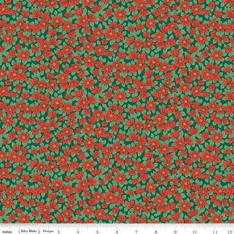 Image of Festive Greetings Peaceful Poinsettias quilting cotton fabric by Liberty Fabrics for Riley Blake Designs. Features flowers on a green background. Cute Little Fabric Shop