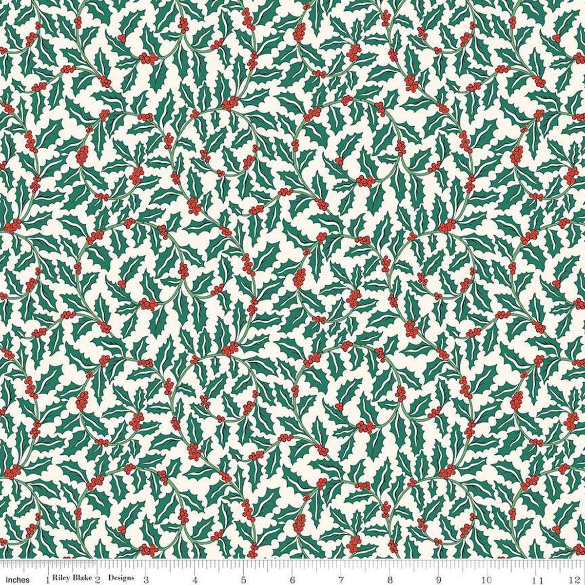 Image of Festive Greetings Swirling Holly quilting cotton fabric by Liberty Fabrics for Riley Blake Designs. Features holly on a white background. Cute Little Fabric Shop