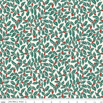 Image of Festive Greetings Swirling Holly quilting cotton fabric by Liberty Fabrics for Riley Blake Designs. Features holly on a white background. Cute Little Fabric Shop