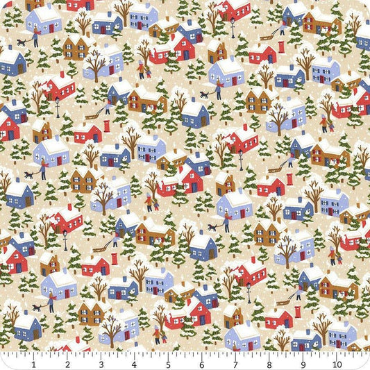 Image of Festive Greetings Festive Village quilting cotton fabric by Liberty Fabrics for Riley Blake Designs. Features houses on a cream background. Cute Little Fabric Shop