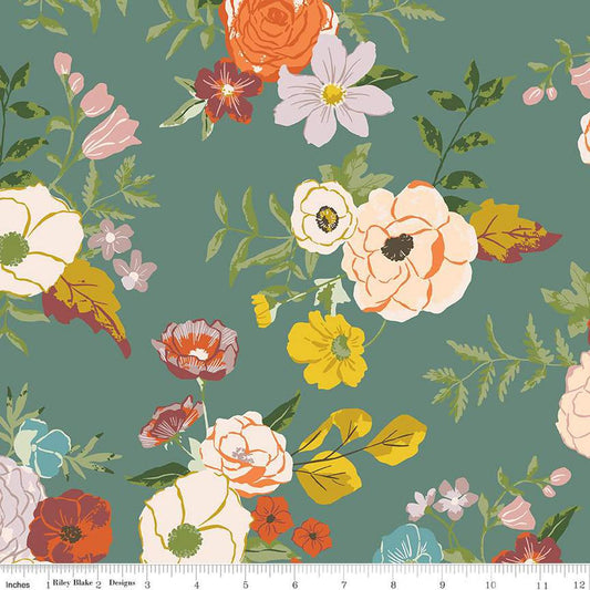 3-Yard cut- Winged Medley Floral WIDEBACK WB16140 Teal - Riley Blake Designs - 108" - Flowers - Quilting Cotton Fabric