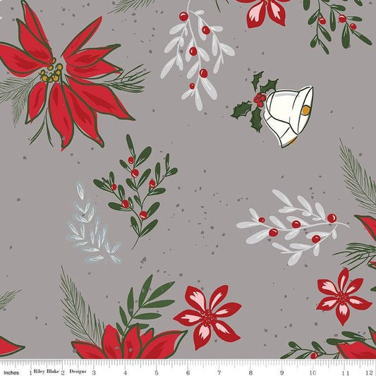 2 Yard 34" End of Bolt - SALE Mistletoe & Holly Floral WIDEBACK WB16409 Gray - Riley Blake Design - 108" - Quilting Cotton Fabric