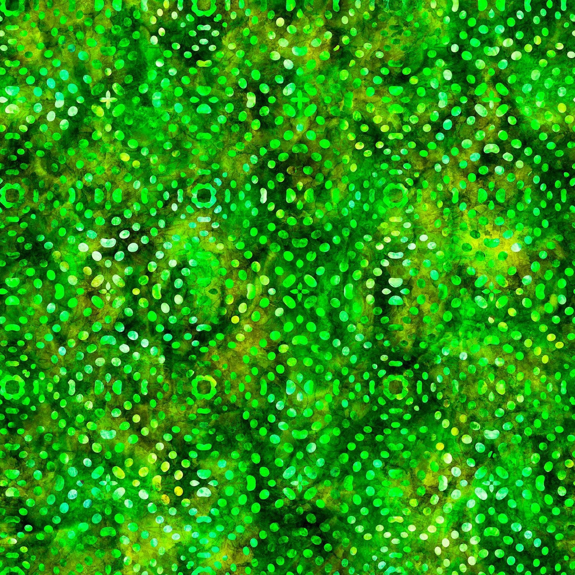 Image of Bedazzled Textural Dots Green quilting cotton fabric by Morris Creative Group for QT Fabrics. Features dots on a green background. Cute Little Fabric Shop