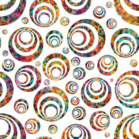 Image of Bedazzled Bullseye White quilting cotton fabric by Morris Creative Group for QT Fabrics. Features circles on a white background. Cute Little Fabric Shop