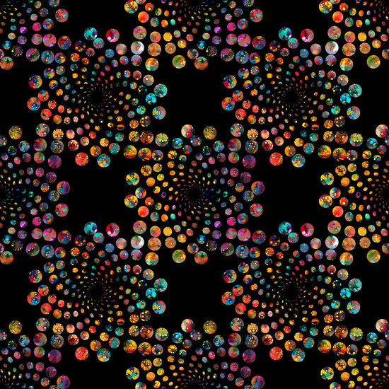 Image of Bedazzled Flares Black quilting cotton fabric by Morris Creative Group for QT Fabrics. Features dots on a black background. Cute Little Fabric Shop
