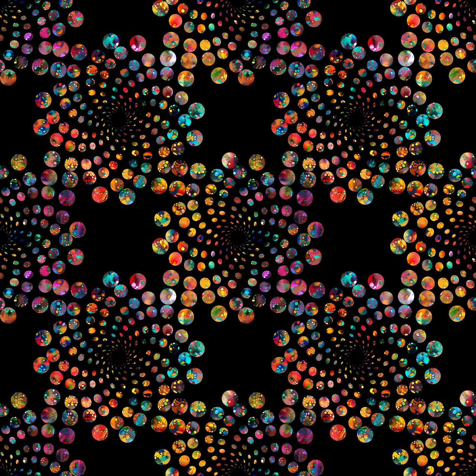 Image of Bedazzled Flares Black quilting cotton fabric by Morris Creative Group for QT Fabrics. Features dots on a black background. Cute Little Fabric Shop