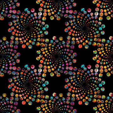 Image of Bedazzled Flares Black quilting cotton fabric by Morris Creative Group for QT Fabrics. Features dots on a black background. Cute Little Fabric Shop