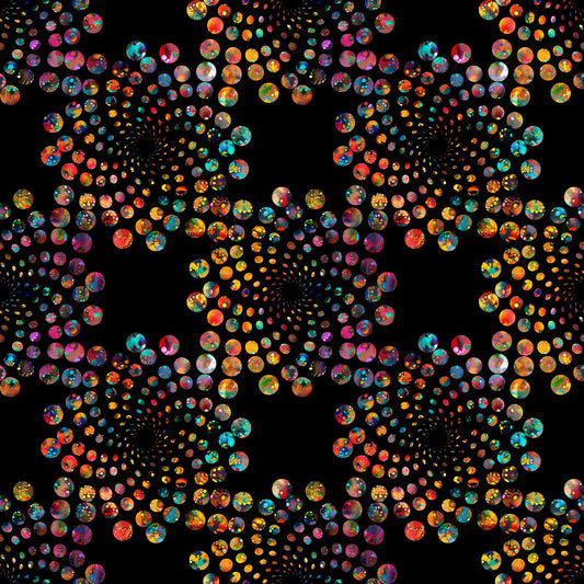 Image of Bedazzled Flares Black quilting cotton fabric by Morris Creative Group for QT Fabrics. Features dots on a black background. Cute Little Fabric Shop