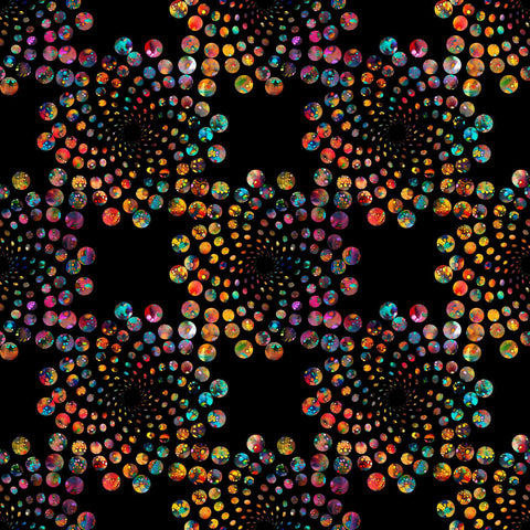 Image of Bedazzled Flares Black quilting cotton fabric by Morris Creative Group for QT Fabrics. Features dots on a black background. Cute Little Fabric Shop