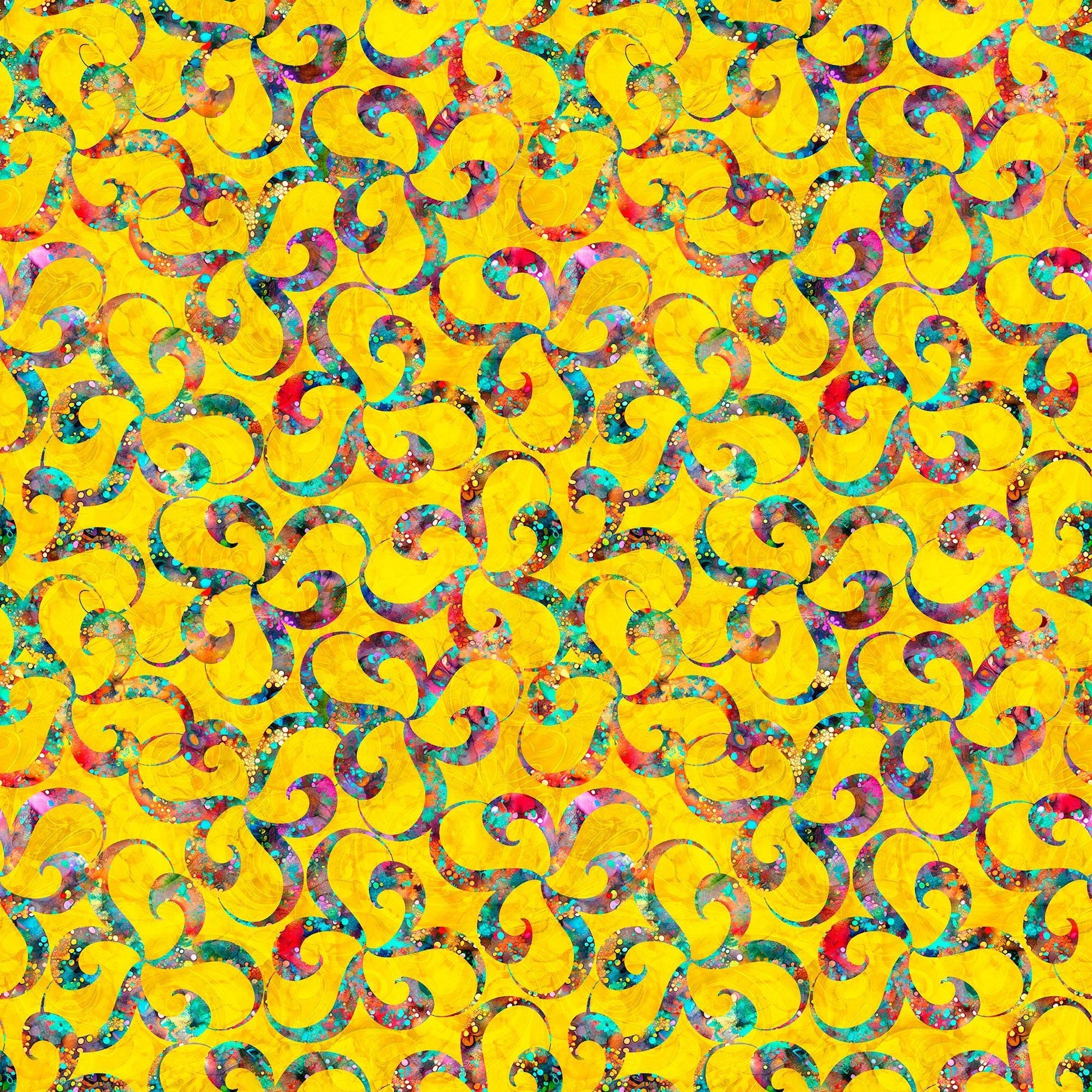Image of Bedazzled Twists Yellow quilting cotton fabric by Morris Creative Group for QT Fabrics. Features swirls on a yellow background. Cute Little Fabric Shop