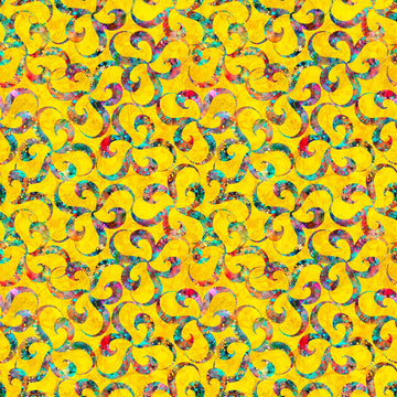 Image of Bedazzled Twists Yellow quilting cotton fabric by Morris Creative Group for QT Fabrics. Features swirls on a yellow background. Cute Little Fabric Shop