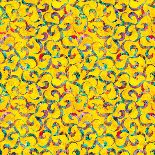 Image of Bedazzled Twists Yellow quilting cotton fabric by Morris Creative Group for QT Fabrics. Features swirls on a yellow background. Cute Little Fabric Shop