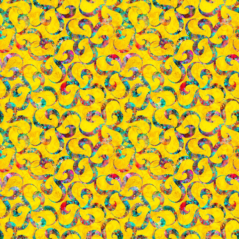 Image of Bedazzled Twists Yellow quilting cotton fabric by Morris Creative Group for QT Fabrics. Features swirls on a yellow background. Cute Little Fabric Shop